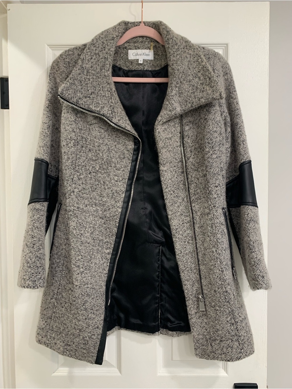 Calvin Klein Heather Gray Wool-Blend Trench with Black Trim